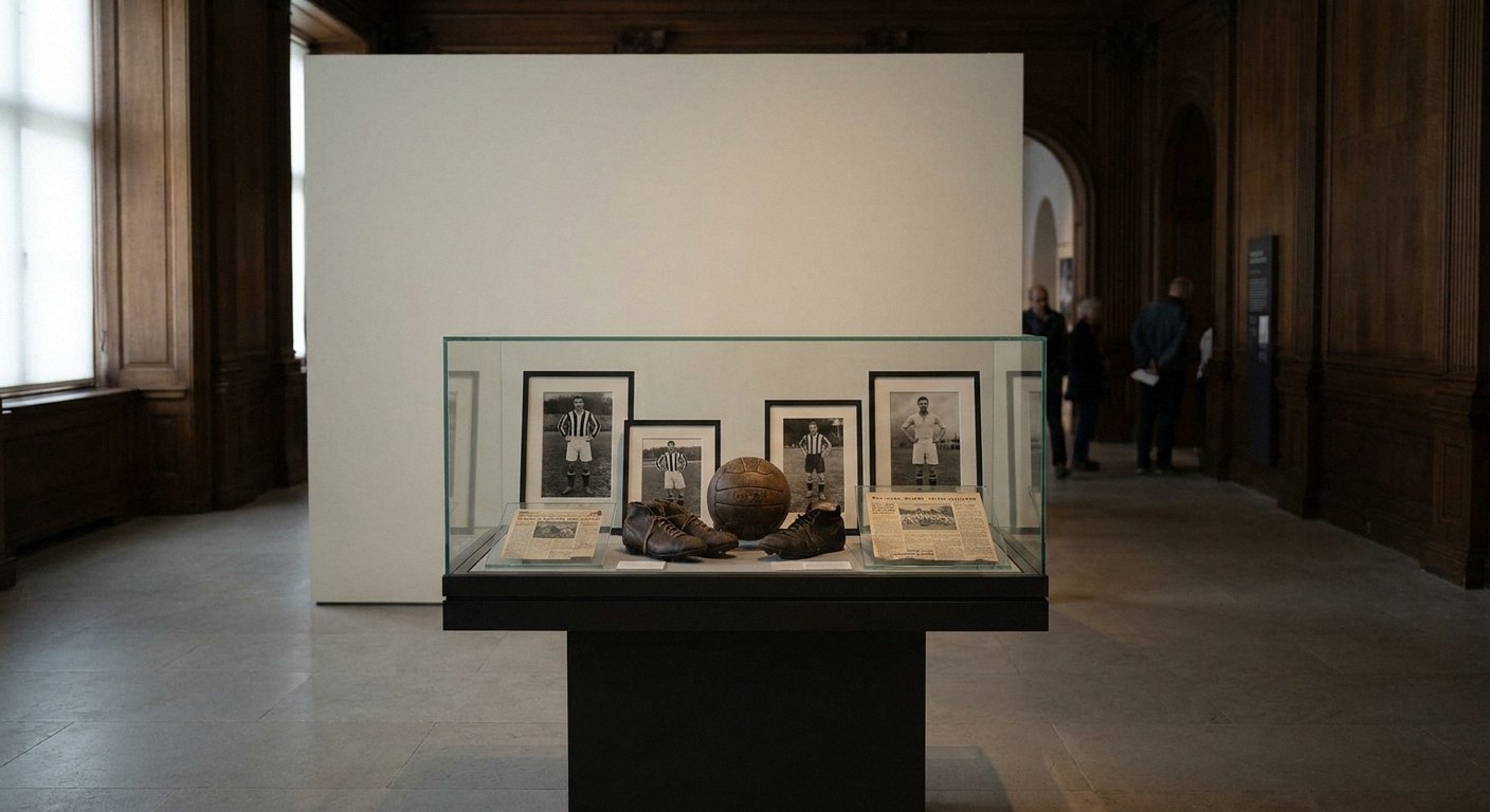Museum display case holding vintage soccer items: four framed photos of players in striped kits, a leather ball, boots